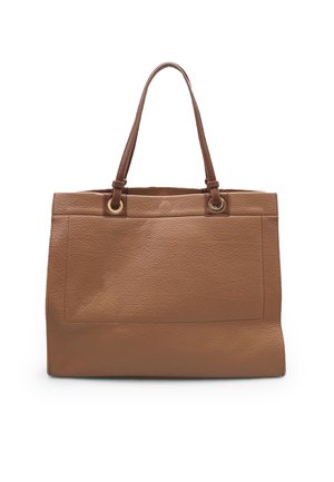 Borsa tote in pelle marrone con una finitura testurizzata, due manici superiori, hardware in tonalità oro e una tasca anteriore per ulteriore spazio di stoccaggio.