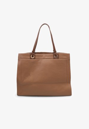 Brown leather tote bag with a textured finish, two top handles, gold-tone hardware, and a front pocket for added storage.