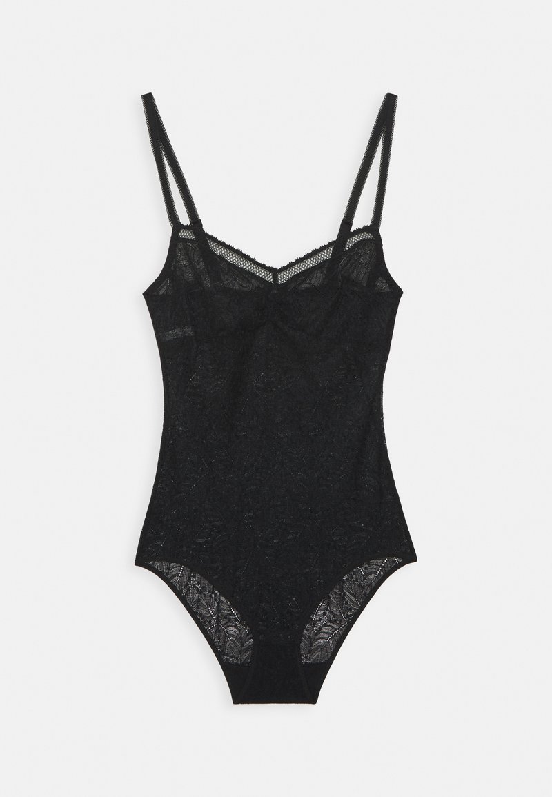 Black lace bodysuit with thin straps, floral pattern, textured fabric, and sheer lace accents at the bottom. Fitted design.