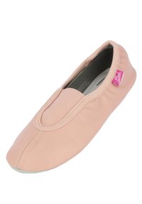 Rosa Leder-Ballettschuh mit runder Zehenpartie, elastischem Kragen und einer weichen, strukturierten Oberfläche. Mit einem kleinen Logoetikett an der Seite.