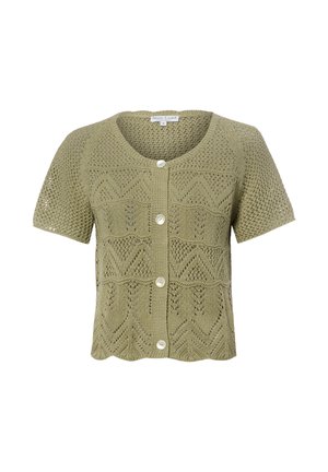 Lichtgroene gebreide cardigan met korte mouwen, een ronde hals, decoratieve kanten patronen en vier witte knopen aan de voorkant.