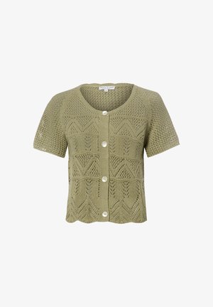 Lichtgroene gebreide cardigan met korte mouwen, een ronde hals, decoratieve kanten patronen en vier witte knopen aan de voorkant.