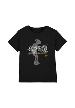 Black T-shirt with a grey house-elf holding a glowing wand and the word "S.P.E.C.I." in large white letters across the front.
