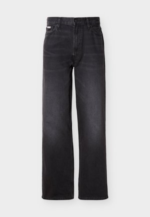 Schwarze, hoch taillierte Jeans mit geradem Bein, vorne mit Knopf- und Reißverschluss, Gürtelschlaufen und fünf Taschen.