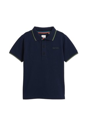 Marineblå polo i bomuldsblanding, med krave med grøn kant, tre knaplukninger og diskret logo-broderi på brystet.