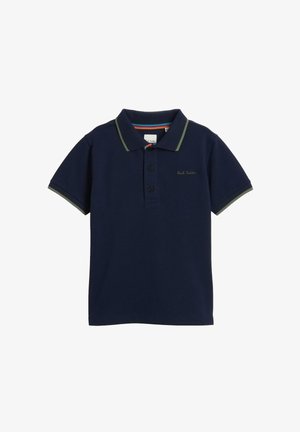 Polo shirt bleu marine en mélange de coton, avec un col à contour vert, patte de boutonnage à trois boutons et broderie de logo discrète sur la poitrine.