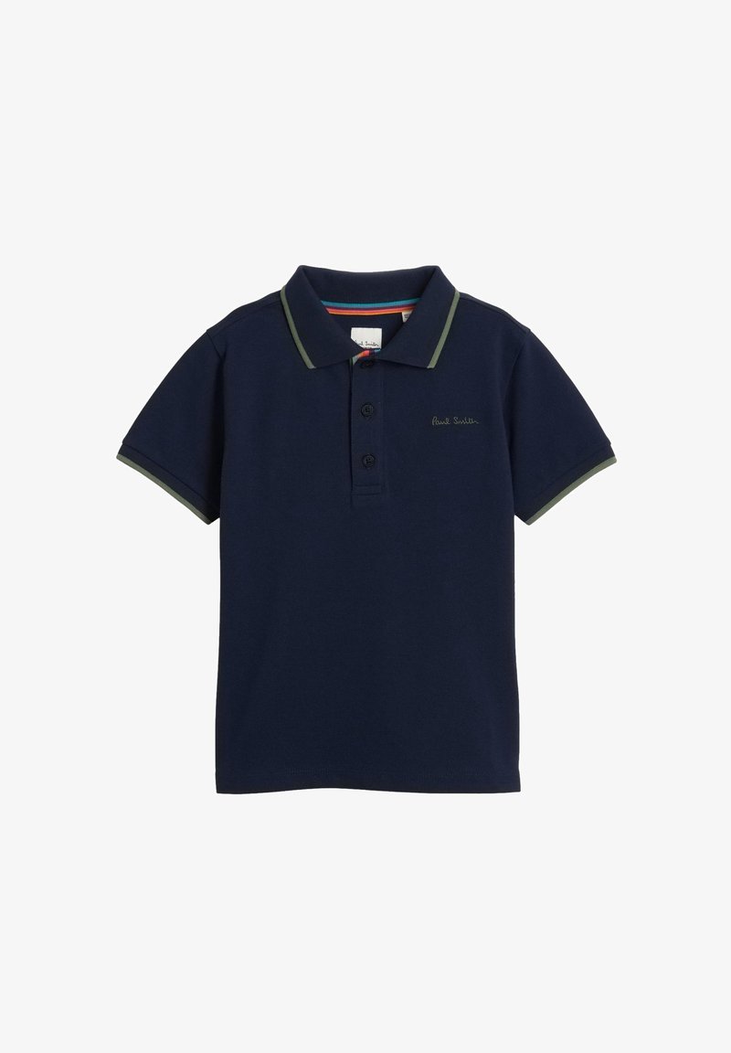 Polo shirt bleu marine en mélange de coton, avec un col à contour vert, patte de boutonnage à trois boutons et broderie de logo discrète sur la poitrine.