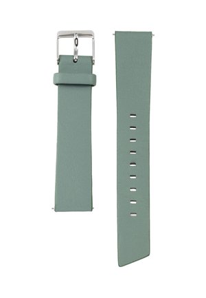 Green leather watch strap with a silver metal buckle, featuring a textured finish and multiple sizing holes along its length.