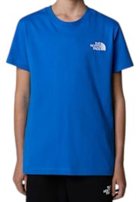 T-shirt in cotone blu a maniche corte con collo girocollo. Presenta un piccolo logo bianco nella parte superiore sinistra. Tessuto liscio e vestibilità regolare.