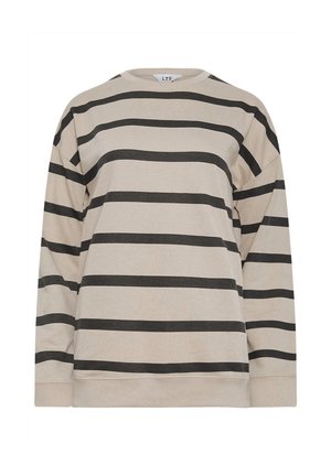 Chemise beige à manches longues avec des rayures horizontales sombres, col rond et poignets côtelés. Fabriquée à partir d'un mélange de coton doux.