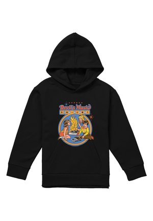 Schwarzer Hoodie mit bunter Illustration von drei Kindern, die um ein Lagerfeuer sitzen, einem Vintage-Stereo und dem Text "Devil's Music Sing-Along".