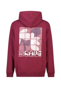 Sweat à capuche marron bordeaux avec une grande impression graphique au dos représentant des formes florales abstraites en tons roses et violets, avec un texte blanc en dessous.