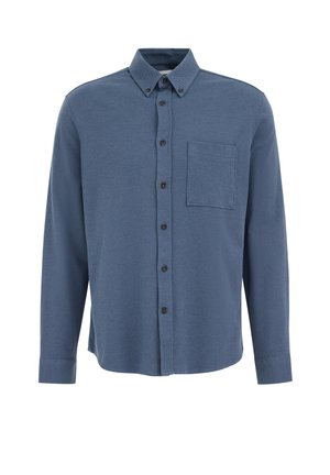 Zilā teksturētā auduma krekls ar garām piedurknēm un pogām, ar krūšu kabatu un tumšām pogām uz priekšpuses aizdares. Klasiska apkakles dizains.