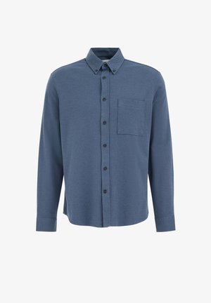 Pika varrukaga nööpidega pluus tekstuurse sinise kangaga, ees tasku ja tumedad nööbid nööpide peal. Klassikalise kraega disain.