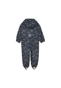 Marinblå vattentät jumpsuit med dinosauriemönster, elastiska ärmslut och huva. Har en logotyp i mitten och förstärkta fotremmar.