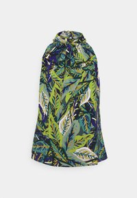 Pochette à cordon en tissu léger affichant un motif de feuilles tropicales vibrantes dans des nuances de vert, bleu et blanc sur un fond sombre.