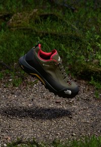 Grüner Wanderschuh mit roten Akzenten, ausgestattet mit einem GORE-TEX-Label, strukturiertem Gummisohle und mehrfarbigen Schnürsenkeln, schwebend über Kies.