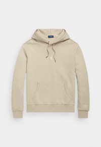 Felpa beige in morbido misto cotone con tasca a marsupio, cappuccio con coulisse e un piccolo logo bianco sul petto. Design classico, vestibilità regolare.