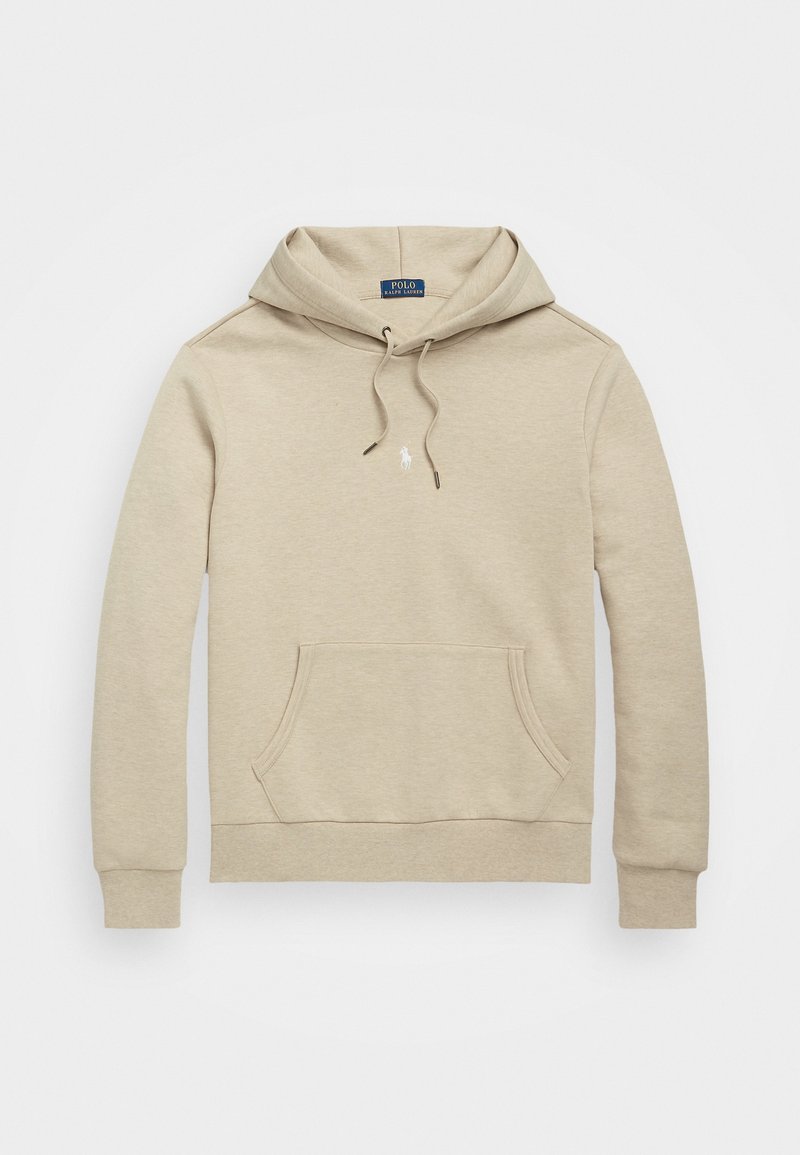 Felpa beige in morbido misto cotone con tasca a marsupio, cappuccio con coulisse e un piccolo logo bianco sul petto. Design classico, vestibilità regolare.