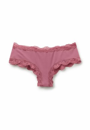 Rosa Spitzenunterwäsche mit einem weichen, glatten Stoff, gezackten Kanten und einem mittelhohen Schnitt mit breiten Seitenpartien.