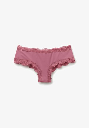 Rosa Spitzenunterwäsche mit einem weichen, glatten Stoff, gezackten Kanten und einem mittelhohen Schnitt mit breiten Seitenpartien.