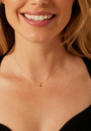 Gouden ketting met een fijne ketting en een klein hangertje in de vorm van de letter "R." Draagt direct op de huid, met een gladde afwerking.