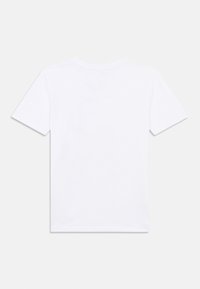 Λευκό κοντομάνικο μπλουζάκι, μονόχρωμο, από βαμβάκι, με στρογγυλή λαιμόκοψη, με απλό σχέδιο χωρίς ορατά μοτίβα ή λεπτομέρειες στην πλάτη.