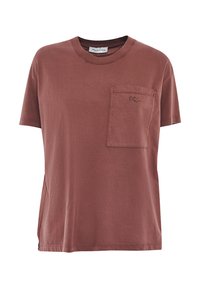 T-shirt in cotone marrone con colletto girocollo, maniche corte, spacchi laterali e una tasca sul petto sinistro con un piccolo logo ricamato.