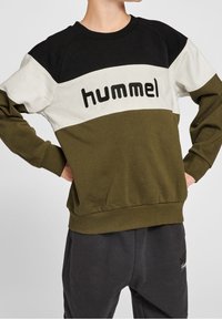 Svetřík v barvách zelené, černé a bílé s barevnými bloky, na hrudi s logem "hummel"; vyrobený z měkkého materiálu s žebrovanými manžetami a lemem.