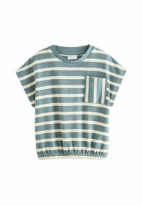 Randig kortärmad topp i dämpad teal och krämfärg, med rundad halsringning och en framficka med vertikala ränder. Elastisk nederkant.