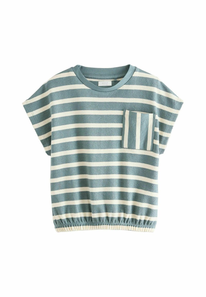 Randig kortärmad topp i dämpad teal och krämfärg, med rundad halsringning och en framficka med vertikala ränder. Elastisk nederkant.