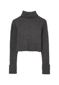 Maglione corto grigio scuro con una texture a coste, collo alto e maniche larghe. Realizzato in morbido tessuto lavorato a maglia.