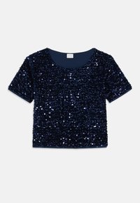 Mørkeblå kortærmet bluse dækket af palietter med rund halsudskæring. Glat stof underneden, skinnende tekstur med reflekterende elementer.