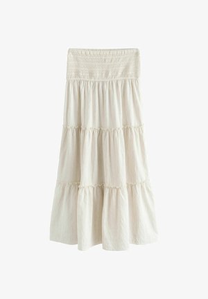 Maxi sukňa v krémovej farbe s vrstvami, s elastickým pásom so žabičkovaním a zladenými panelmi látky vytvárajúcimi prúdiacu, objemnú siluetu.