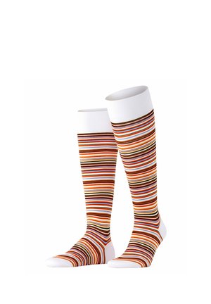 Tall socks with horizontal stripes in orange, brown, blue, and white, featuring solid white toes and cuffs.