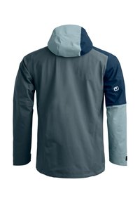 Water-resistant jacket with a hood, featuring a gray body, navy blue sleeves, and light blue accents. Smooth texture, minimalistic design.