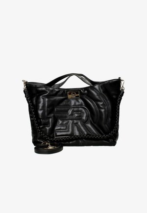 Borsa tote nera in pelle con texture trapuntata e logo in rilievo. Presenta due manici, una tracolla intrecciata e dettagli in metallo argentato.