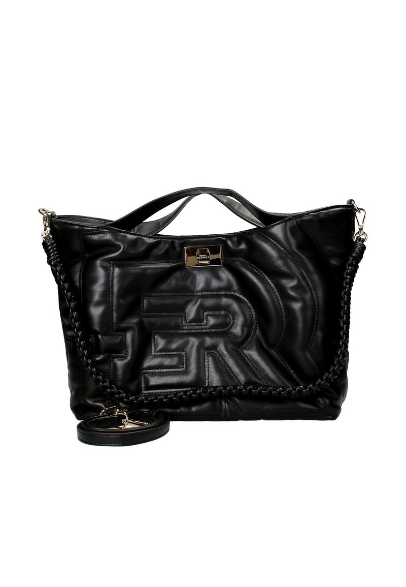 Borsa tote nera in pelle con texture trapuntata e logo in rilievo. Presenta due manici, una tracolla intrecciata e dettagli in metallo argentato.