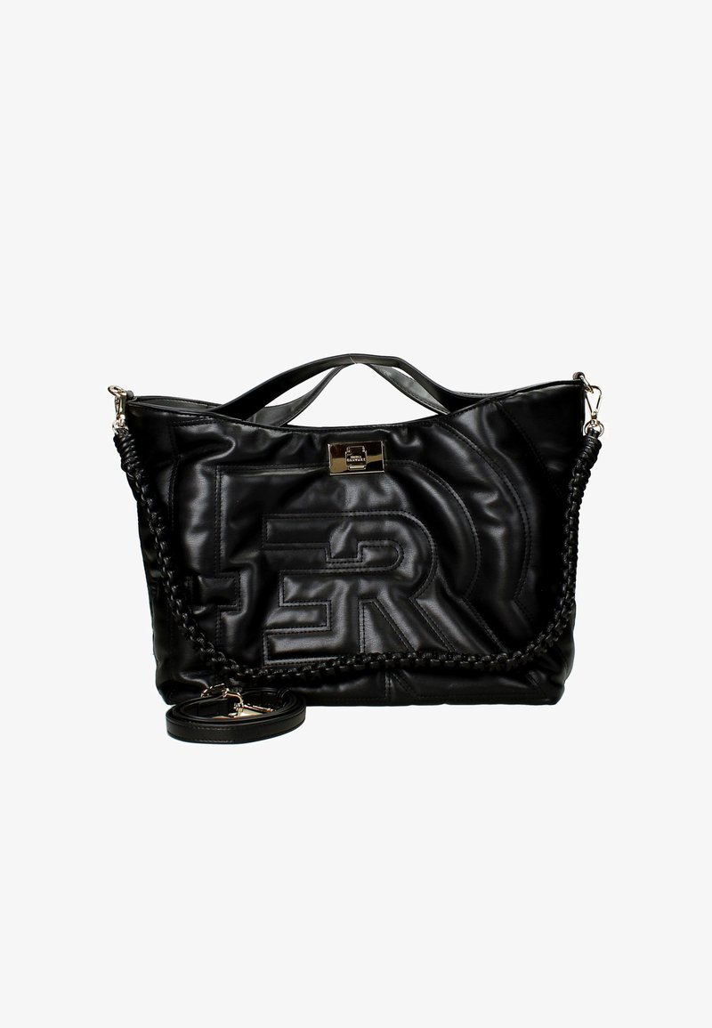 Borsa tote nera in pelle con texture trapuntata e logo in rilievo. Presenta due manici, una tracolla intrecciata e dettagli in metallo argentato.