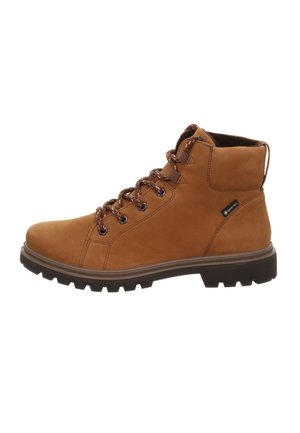 Braune Leder-Wanderstiefel mit gepolsterter Knöchelstütze, Metallösen und strukturiertem Gummi-Außensohle für besseren Halt. Verfügt über eine verstärkte Ferse und Schnürsenkel.
