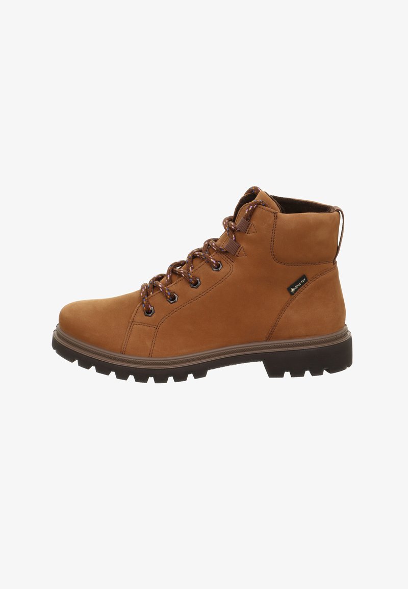 Bota de senderismo de cuero marrón con soporte acolchado en el tobillo, ojales de metal y suela de goma texturizada para tracción. Incluye un talón reforzado y cordones.