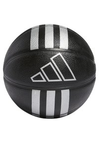Balón de baloncesto negro con superficie texturizada, tres franjas blancas y un logotipo distintivo con un diseño triangular en blanco.