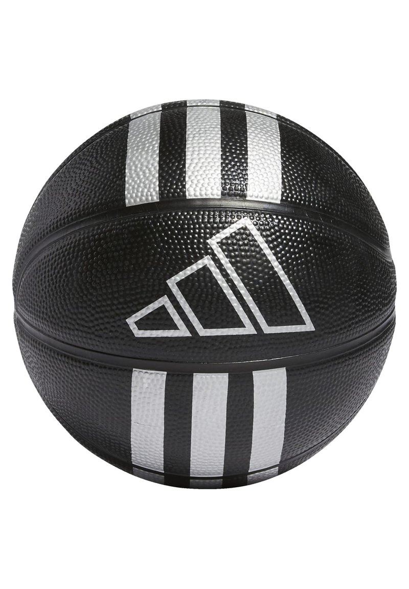 Balón de baloncesto negro con superficie texturizada, tres franjas blancas y un logotipo distintivo con un diseño triangular en blanco.