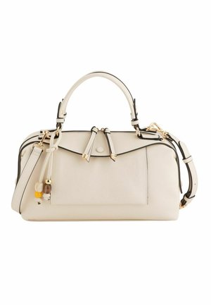 Cream leather handbag with dual handles, detachable shoulder strap, front flap pocket, and decorative bead tassels.