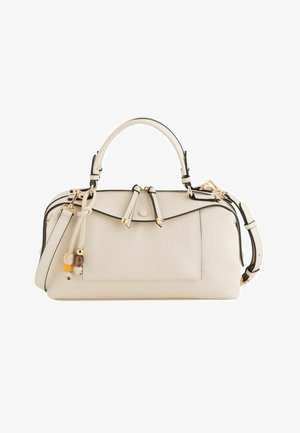 Cream leather handbag with dual handles, detachable shoulder strap, front flap pocket, and decorative bead tassels.