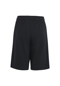 Pantalones cortos deportivos negros hechos de una tela suave y ligera. Cuentan con una cintura elástica, longitud hasta medio muslo y una textura lisa y sencilla.