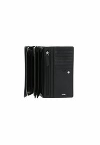 Portafoglio in pelle nera con un comparto con zip, più scomparti per carte e due sezioni aperte. Presenta un logo sottile e una superficie liscia.