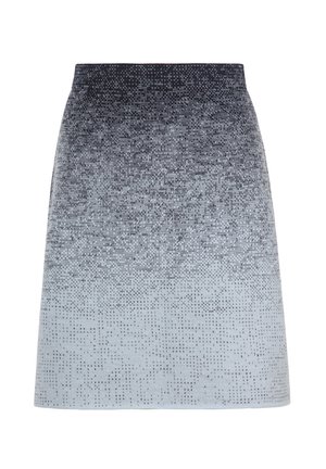 Knielange rok met een gradientpatroon dat van donkergrijs naar lichtgrijs overloopt, bedekt met kleine pixelachtige stippen.