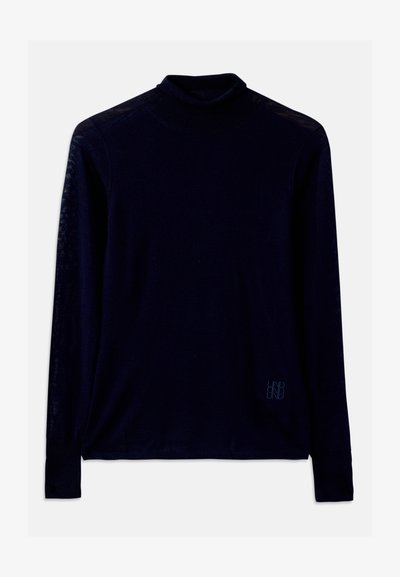 Mornarska turtleneck majica z dolgimi rokavi, izdelana iz mehkega materiala; ima prilagojen ovratnik in majhno svetlo modro logo na spodnji levi strani spredaj.