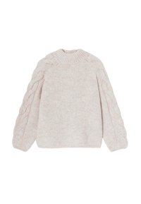 Pull en tricot rose clair avec des manches en tricot torsadé, un col rond côtelé et une coupe ample avec une texture douce sur l'ensemble.